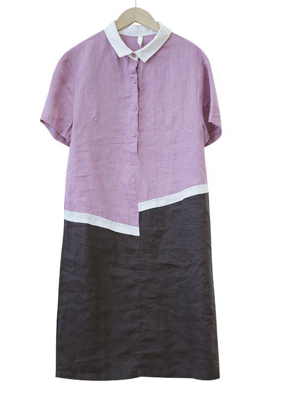 Organic lapel patchwork linen summerLong Shirts pattern purple Dress - bagstylebliss