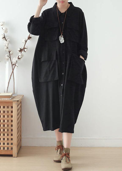 Organic lapel pockets fall Tunics Fabrics black Plus Size Dresses - bagstylebliss