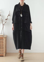 Organic lapel pockets fall Tunics Fabrics black Plus Size Dresses - bagstylebliss