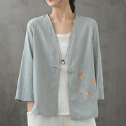 Organic light blue shirts v neck Chinese Button Knee blouse - bagstylebliss