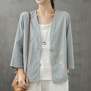 Organic light blue shirts v neck Chinese Button Knee blouse - bagstylebliss