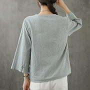 Organic light blue shirts v neck Chinese Button Knee blouse - bagstylebliss