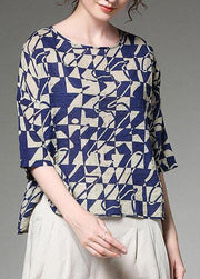 Organic linen cotton Tunic Korea Women Summer Short Sleeve Blue Plaid Blouse - bagstylebliss
