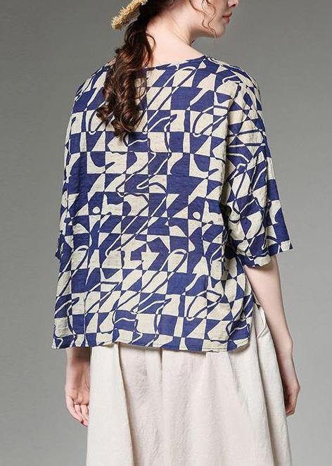Organic linen cotton Tunic Korea Women Summer Short Sleeve Blue Plaid Blouse - bagstylebliss