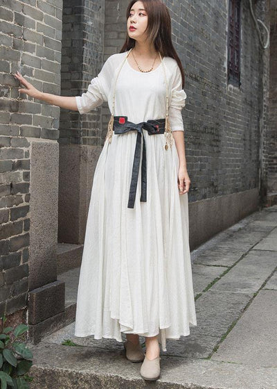 Organic long sleeve cotton linen quilting dresses Work white patchwork Dress summer - bagstylebliss
