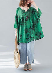 Organic loose cotton linen summerclothes green prints v neck loose blouse - bagstylebliss