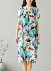 Organic o neck Cotton Tunics Sewing green print Dresses summer - bagstylebliss