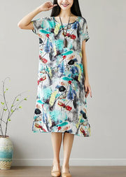 Organic o neck Cotton Tunics Sewing green print Dresses summer - bagstylebliss