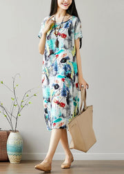 Organic o neck Cotton Tunics Sewing green print Dresses summer - bagstylebliss