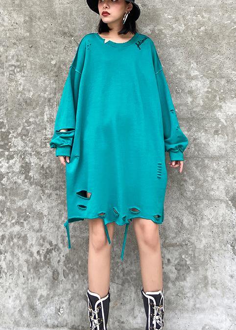 Organic o neck Hole spring Blouse blue green Knee shirt - bagstylebliss