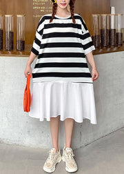 Organic o neck Ruffles summer tunics for women Work black white striped Dresses - bagstylebliss