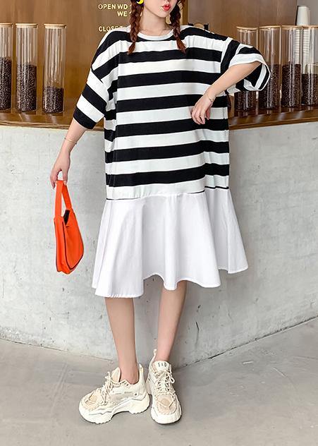 Organic o neck Ruffles summer tunics for women Work black white striped Dresses - bagstylebliss