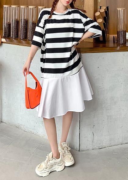 Organic o neck Ruffles summer tunics for women Work black white striped Dresses - bagstylebliss