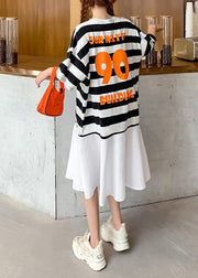 Organic o neck Ruffles summer tunics for women Work black white striped Dresses - bagstylebliss