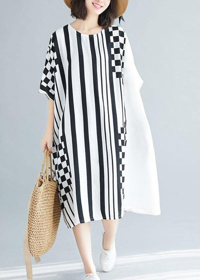 Organic o neck asymmetric Cotton white striped Dress summer - bagstylebliss