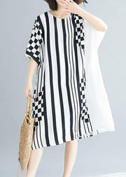 Organic o neck asymmetric Cotton white striped Dress summer - bagstylebliss