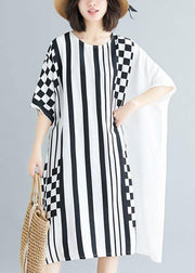 Organic o neck asymmetric Cotton white striped Dress summer - bagstylebliss