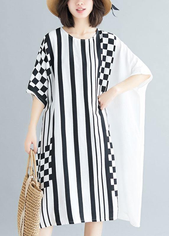 Organic o neck asymmetric Cotton white striped Dress summer - bagstylebliss