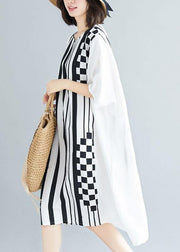 Organic o neck asymmetric Cotton white striped Dress summer - bagstylebliss