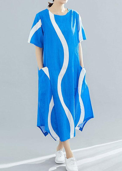 Organic o neck asymmetric cotton tunic top Runway blue striped Art Dresses summer - bagstylebliss