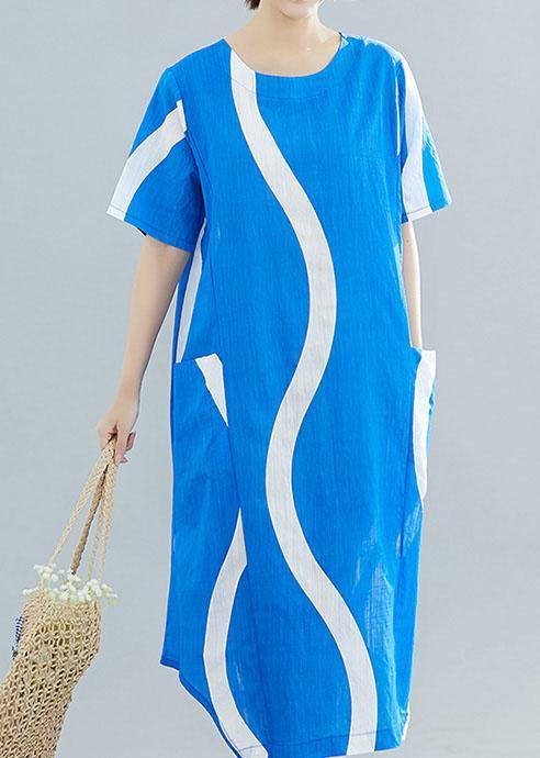 Organic o neck asymmetric cotton tunic top Runway blue striped Art Dresses summer - bagstylebliss