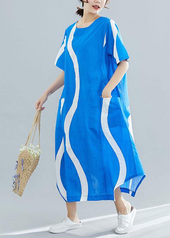 Organic o neck asymmetric cotton tunic top Runway blue striped Art Dresses summer - bagstylebliss