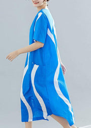 Organic o neck asymmetric cotton tunic top Runway blue striped Art Dresses summer - bagstylebliss