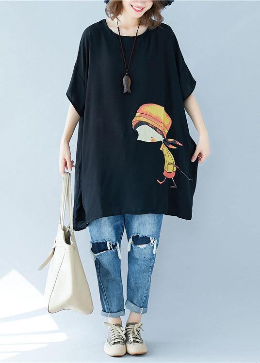 Organic o neck asymmetric linen summer Tunic Shirts black Dress - bagstylebliss