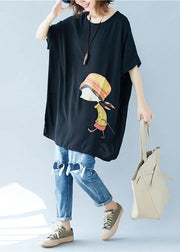 Organic o neck asymmetric linen summer Tunic Shirts black Dress - bagstylebliss
