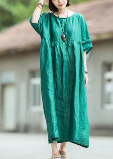 Organic o neck large hem linen dress blackish green Dress summer - bagstylebliss