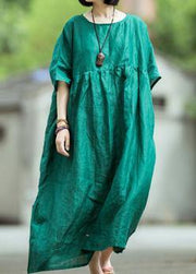 Organic o neck large hem linen dress blackish green Dress summer - bagstylebliss