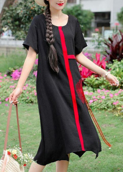 Organic o neck linen Wardrobes Photography black embroidery Dress summer - bagstylebliss