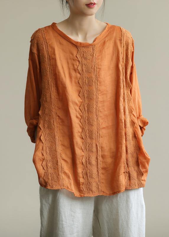 Organic o neck patchwork lace fall tunics for women Shirts orange shirts - bagstylebliss