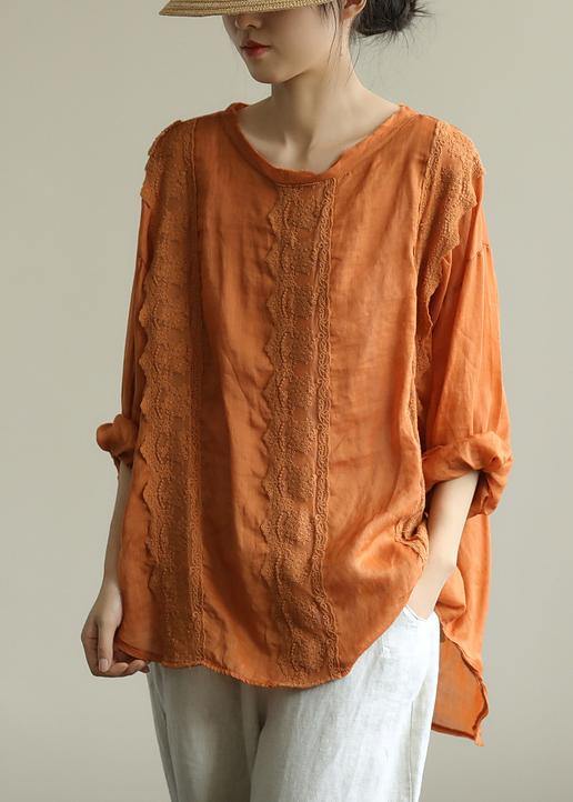 Organic o neck patchwork lace fall tunics for women Shirts orange shirts - bagstylebliss