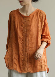 Organic o neck patchwork lace fall tunics for women Shirts orange shirts - bagstylebliss