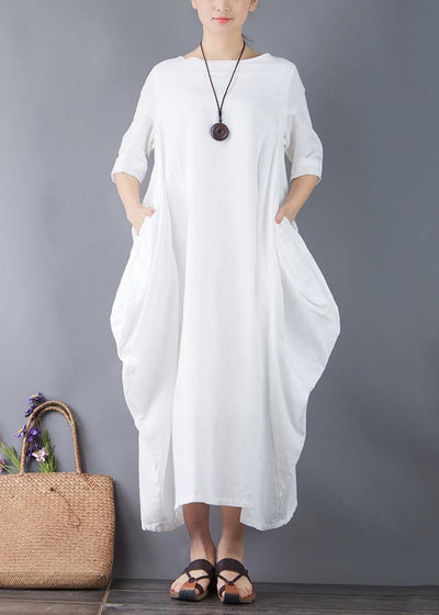 Organic o neck patchwork linen clothes For Women Shape white Dress summer - bagstylebliss
