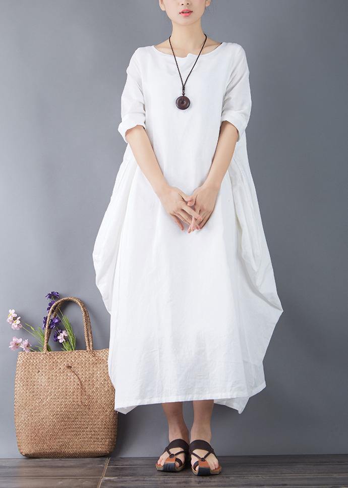 Organic o neck patchwork linen clothes For Women Shape white Dress summer - bagstylebliss