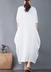 Organic o neck patchwork linen clothes For Women Shape white Dress summer - bagstylebliss