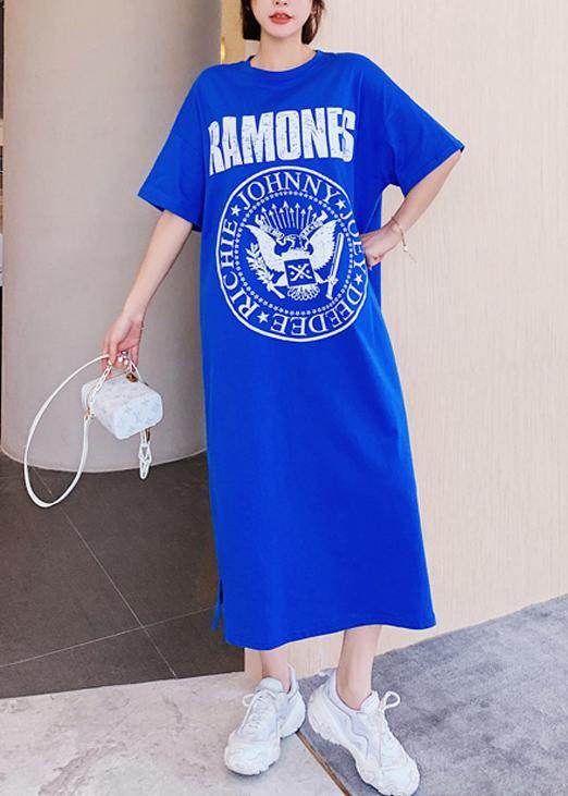 Organic o neck summer Tunics Catwalk blue Letter long Dress - bagstylebliss