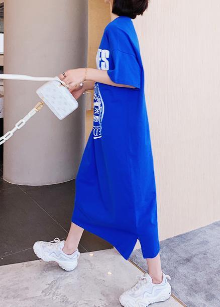 Organic o neck summer Tunics Catwalk blue Letter long Dress - bagstylebliss