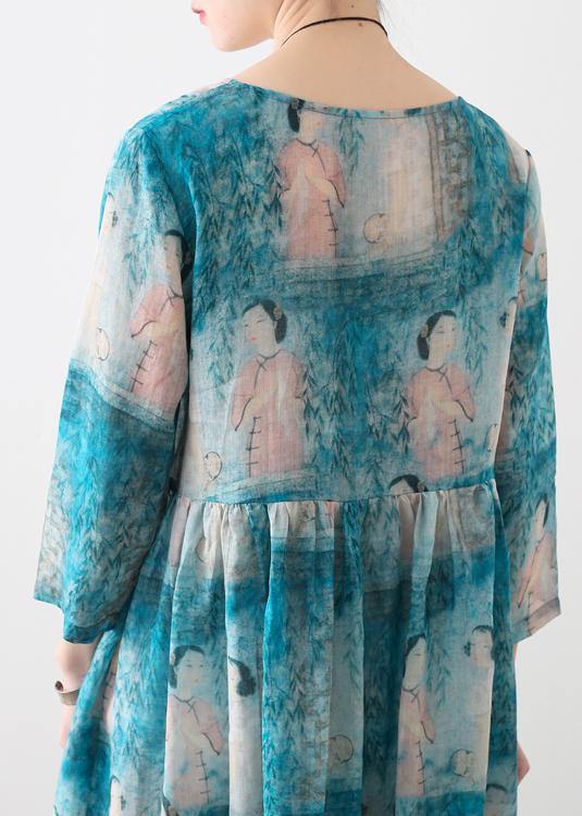Organic O Neck Cinched Linen Clothes For Women Catwalk Blue Lady Figure Print Dress - bagstylebliss