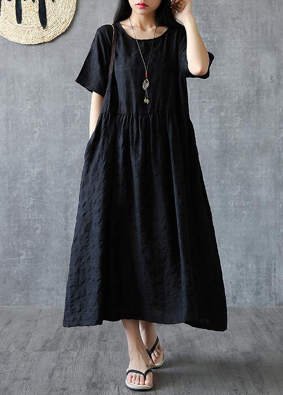 Organic o neck Cinched linen cotton clothes For Women Sleeve black Dress summer - bagstylebliss