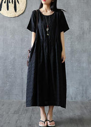 Organic o neck Cinched linen cotton clothes For Women Sleeve black Dress summer - bagstylebliss