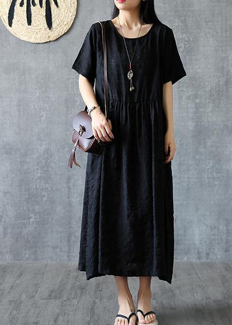 Organic o neck Cinched linen cotton clothes For Women Sleeve black Dress summer - bagstylebliss