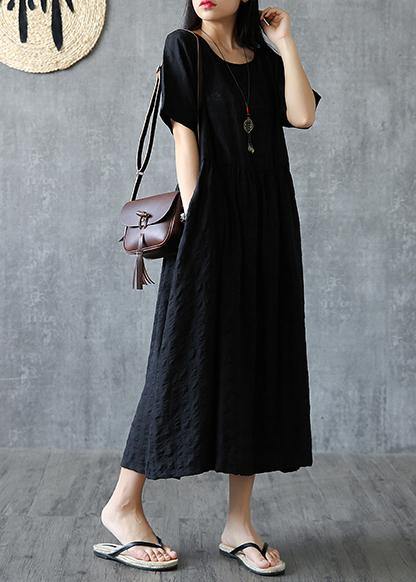 Organic o neck Cinched linen cotton clothes For Women Sleeve black Dress summer - bagstylebliss