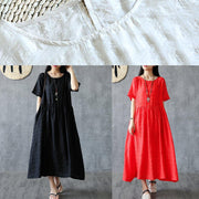 Organic o neck Cinched linen cotton clothes For Women Sleeve black Dress summer - bagstylebliss