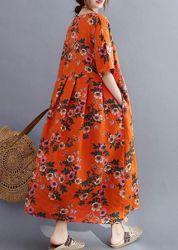 Organic o neck Cinched summerquilting clothes Catwalk orange floral Traveling Dress - bagstylebliss
