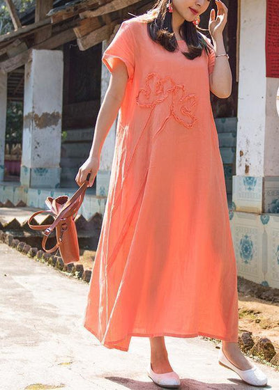 Organic orange cotton clothes o neck pockets loose summer Dresses - bagstylebliss