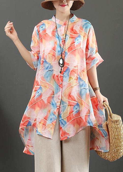 Organic orange print linen tops women stand collar low high design Art tops - bagstylebliss