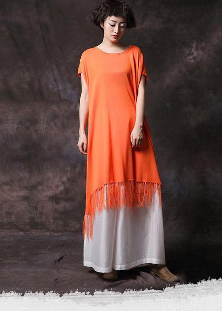 Organic orange tassel cotton clothes short sleeve long summer Dress - bagstylebliss